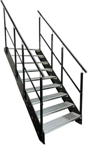 Kaminbau Mierzwa Premium Stahl Treppe mit beidseitigem Geländer/Wangen und Geländer in Anthrazit / 9 Stufen (Breite 1200 mm) (Höhe 171 cm) Wetterfest Gitterroststufe Gartentreppe