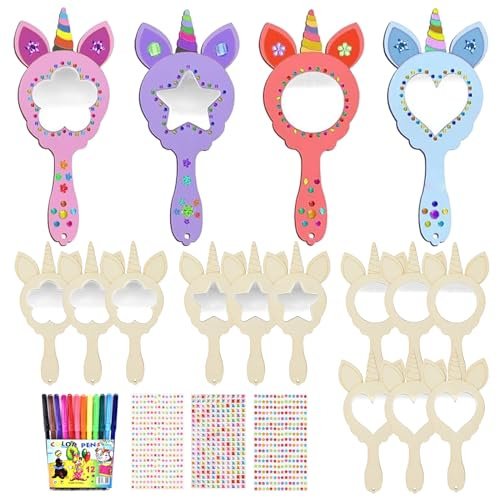 12 Stück Einhorn Basteln, Einhorn Spiegel Holz, DIY Holzspiegel Handwerk | Spiegel Basteln Kindergeburtstag, Mini Holz Einhorn Spiegel, Holzspiegel zum Basteln für DIY Kinder Malen ab 4 Jahre