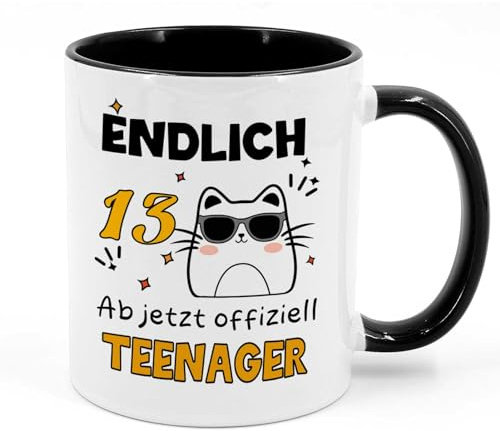 Tarklanda 13. Födelsedag kaffekopp, kopp med slogan äntligen 13. Från och med nu officiell tonåring – kopp av keramik present för 13-årig pojke flicka till födelsedag (svart)