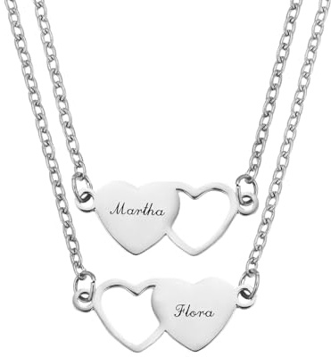 INBLUE Personalisierte Herz Passende Halskette Individuelle Namen 2/3/4 Stück Set von Edelstahl Herzform Halskette für Schwestern Freundschaft Schmuck Geschenk für Frauen - Silber & 2 Stück