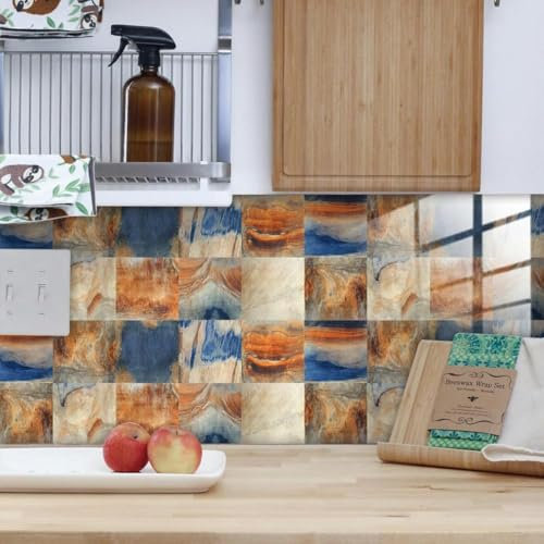 Fliesenaufkleber, 20 x 20 cm, Orange/Blau, zum Aufkleben auf Fliesen, Küchenrückwand, Abziehen und Aufkleben von Bodenfliesen, 3D-selbstklebende Küchenwandfliesenaufkleber, DIY-Kunst, Heimdekoration