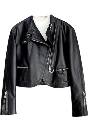 Mkjuuior Kurze Jacke für Herbst und Winter, echtes Leder, diagonaler Reißverschluss, für Damen, schmale Passform, langärmelig, Schaffell-Jacken, BL66, S