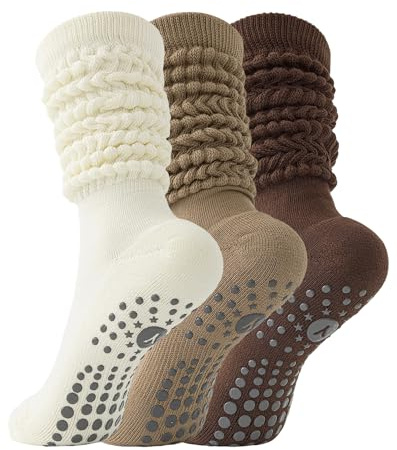 3 par säckiga pilates greppstrumpor för kvinnor, Kräm + kaki + kaffe, One Size
