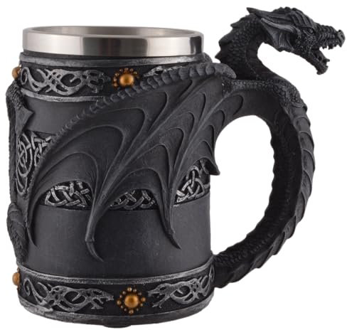VOGLER Joh. Vogler GmbH Grande chope dragon décorée avec symboles celtiques, avec insert en acier inoxydable d'une capacité de 400 ml, noire, en pierre artificielle, peinte à la main. 766-7870