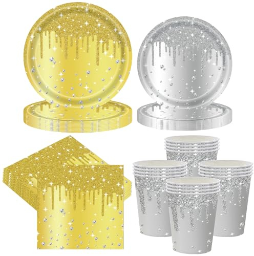 Ensemble Couverts de décoration de fête diamant argent et or, 80 pièces vaisselle thème diamant argent et or pour enfants, assiettes en carton, gobelets, Mouchoir en papier pour et accessoires de fête