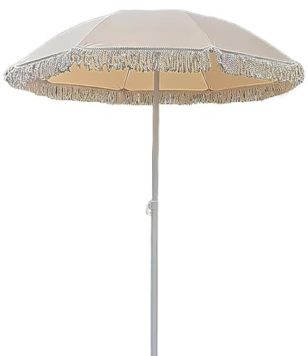 140 cm Parasoll med Kaffemotiv och Tofsar, UV-skydd, Hopfällbart och Höjdjusterbart Utomhusparasoll for Trädgård, Balkong, Altan (fot ingår ej)