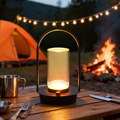 VIMAZ Rechargeable Cordless Table Lamp for Outdoor Indoor,3 Color Dimmable Portable Black LED Touch Lamp,4000mAh Battery Operated Lamp,Crystal Lantern Lamp for Camping Patio Shower Bar