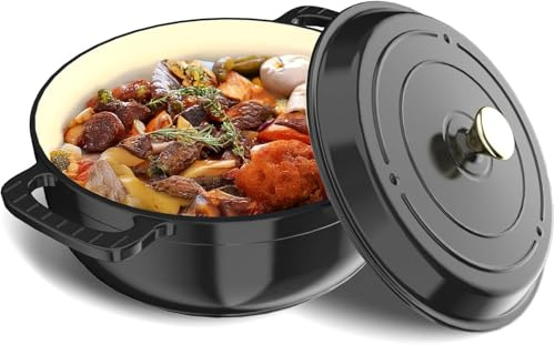 LEADZM Gusseisen Topf 28 cm 5,7 L，Schmortopf Bräter mit Deckel (Schwarz) | Emaille Topf, Brotbacktopf für Braten Küche Backen Schmoren, FDA-Zertifiziert