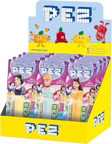 PEZ Disney Princess Dispensador de Caramelos, Pack de 12 Unidades, Exhibidor con Tema de Princesas, Dulces de Frutas