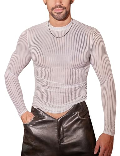 Hybursky Men's Sheer Tops Long Sleeve Mesh Top See Through Crew Neck Y2K Going Outfits Striped Pattern Shirts Blouses Sexy Basic T-Shirt for Party Clubwear Festival Disco Nightwear