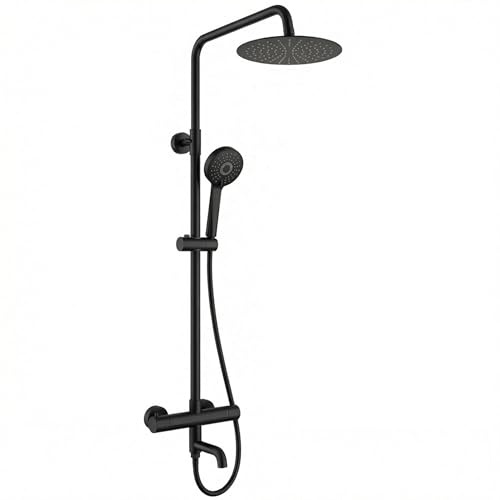 ARKO Thermostatic Mixer Shower with Bath Filler Tap, Rainfall & Handheld Shower Set, Thermostatic Bath & Shower System (Round Black)
