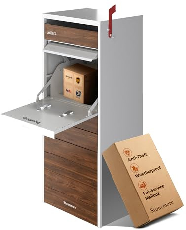 Stonemore Cali USPS Compatible Mailbox, Snow White/Walnut Package Mailbox, Anti-Theft Locking Parcel Drop Box for Porch Or Curbside, Large Mailbox for Packages, Weather-Sealed Powder Coated Steel