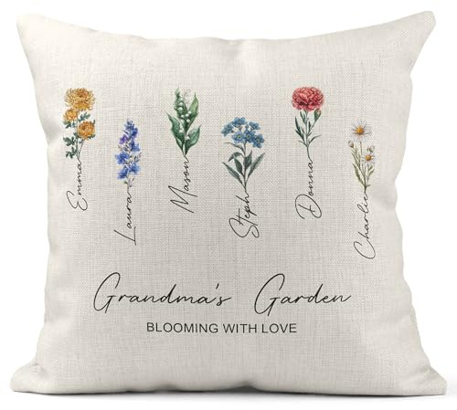 Personalised Family Flower Cushion, Custom Name Pillow Gift for Mum Wife Grandma, Birthday Christmas Mother’s Day Present, Floral Home Decoration, Sentimental Keepsake, Sleeping - Blooming With Love