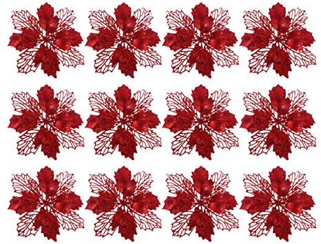 Toyvian 12 Stücke Christbaumschmuck Glitter Poinsettia Weihnachtsschmuck Baumschmuck Künstliche Weihnachten Blumen Deko für Weihnachtsbaum Weihnachtskranz