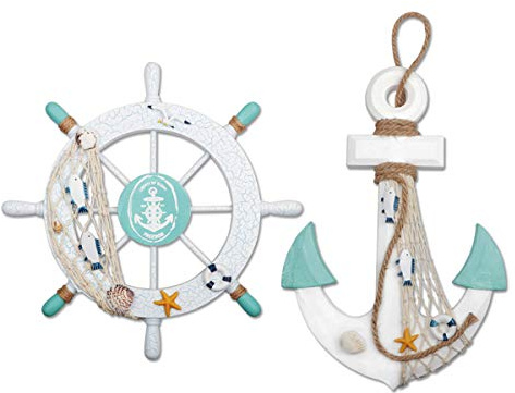 Meching 2 Pack 11 Nautical Beach Wooden Ship Wheel and 13 Wood Anchor with Rope Nautical Boat Steering Wheel Rudder Anchor Wall Decor Door Hanging Ornament Beach Theme Home Decoration(White&Green)