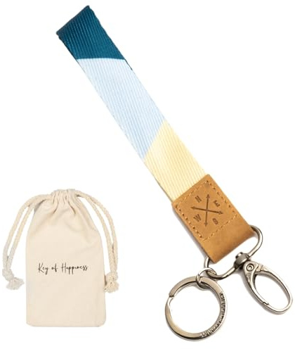Things of Happiness Cordón corto con llavero y mosquetón para mujer y hombre | elegante llavero | pequeño regalo cumpleaños, San Valentín, Navidad | cordón corto (azul/amarillo)