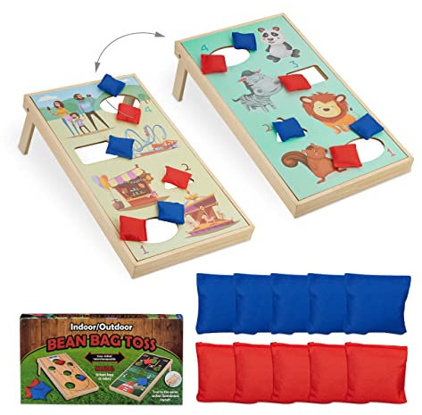 Relaxdays Cornhole Wurfspiel, 10 Bean Bags, Sackloch Spiel, HxBxT: 18 x 29 x 58 cm, drinnen & draußen, mehrfarbig