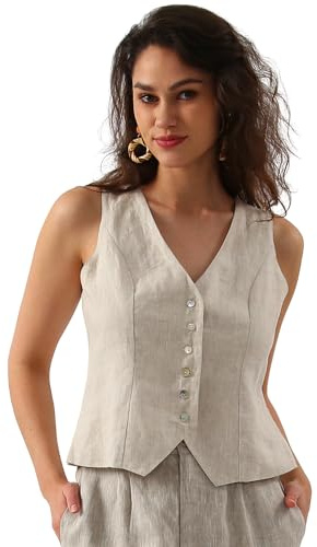 Amazhiyu Womens Pure Linen Sleeveless Button Down Crop Top V Neck Waistcoat Vest Flax, Medium