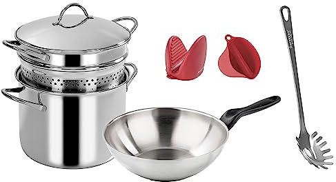Barazzoni Set 7pz, 100% Pasta Acciaio, Composto da Pastamania con fondo Servispaghetti Mediterranea, Saltapasta Le Inoxidabili, Presine silicone 2 pezzi My Utensil