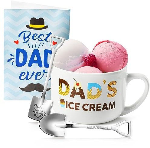 R HORSE 4 Pcs Ice Cream Bowl with Handle Stainless Steel Spoon, Ceramics Deep Dessert Cups for Dad, Ice Cream Sundae Stemmed Fruit Snack Salad Parfait Bowls Gift for Christmas Father's Day Birthday
