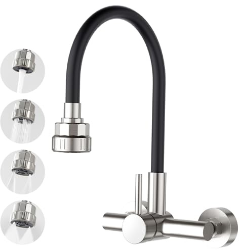 CREA Wandarmatur für Küche mit Schwarzer 360° flexibler Silikon Weichschlauch, Einhebelmischer Küchenarmatur für Ausgussbecken Küche mit 4-Funktion-Brause