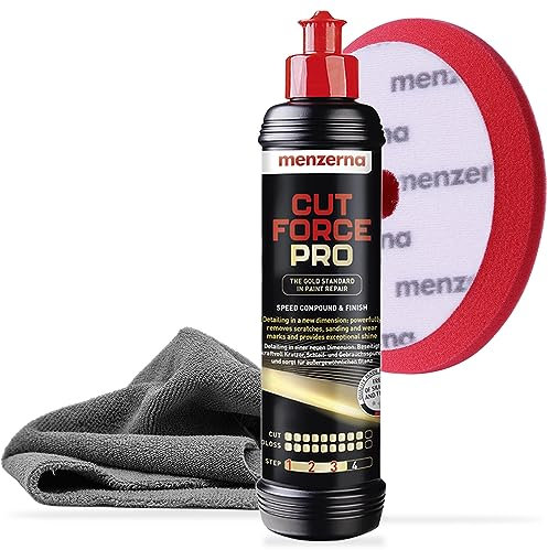 Menzerna Cut Force Pro Auto Politur Set 250ml 3in1 |All in One Auto Politur zum Kratzentfernen| Profi One Step Polierpaste Schleifpaste für alle Lackarten + Heavy Cut Polierpad + Poliertuch 380GSM