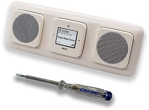 Busch Jäger iNet Internet Unterputz Radio 8216U DURO2000 cremeweiß, Komplett-Set mit 2 x Lautsprecher, Abdeckungen, Rahmen + EBROM Phasenprüfer zur Montage der Geräte - 8216 U Internetradio