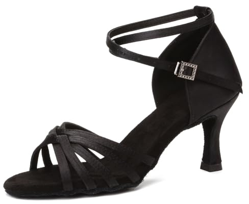 HIPPOSEUS Women's Latin Dance Shoes Black Open Toe Ballroom Salsa Dance Practice Shoes 3 inch Heel,7 UK