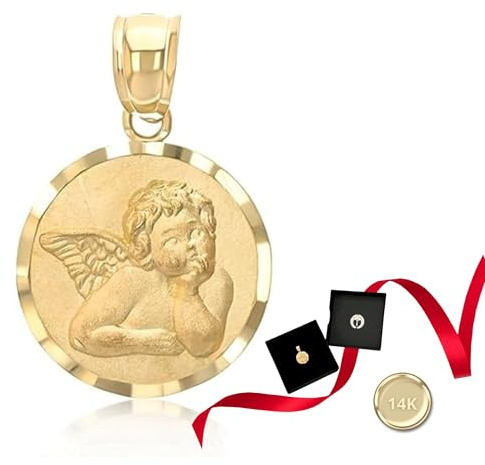 Ioka Schutzengel-Anhänger aus 14-karätigem Gold, echter Engel-Charm, Konfirmation, Taufe, Schmuck, Geschenk, katholisches christliches Andenken, religiöses Halsketten-Accessoire (10 mm und 14,5 mm)