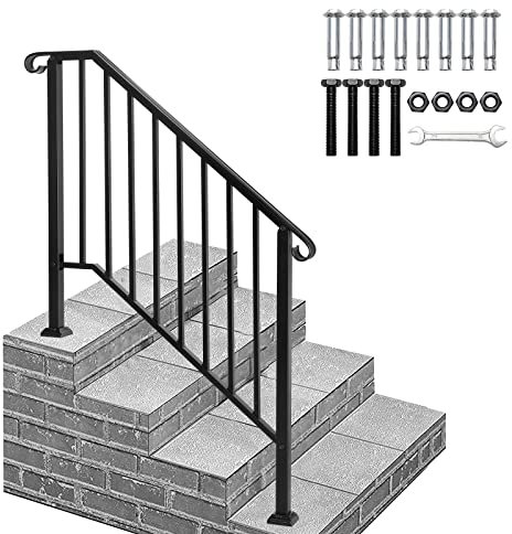 Outopee Handrails for Outdoor Steps, Galvanized Iron Exterior Handrail, Fit 3 or 4 Steps Stair Railing, Banister with Installation Kit for Stairs, Garden, House Entrance, Backyard & Balcony, Black