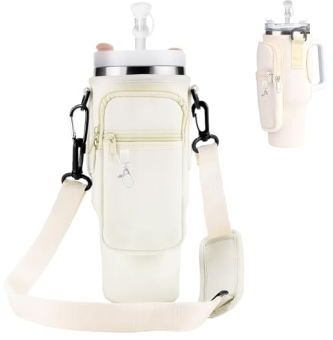 Huahuanghui Tragetasche für Cup 40oz,Wasserflaschen-Tragetasche mit Handyfach,Cup-Zubehör, Thermoskanne Flaschenhülle,6 PCS Auslaufsicherer Silikonstopfen,Verstellbarer Schultergurt (Weiß)