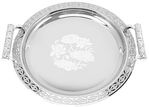 Zerodeko Silver Serving Tray with Handles, European Style Round Serving Tray 13.18 Inch Fruit Plate Fruit Holder Snack Candy Storage Dish for Kitchen Dining