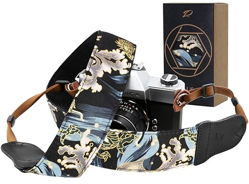 Padwa Lifestyle Camera Strap - 2 Cowhide Leather Head Cotton Camera Straps for Photographers,Vintage Japanese Art Print Adjustable Neck & Shoulder Strap for ALL DSLR/SLR Cameras(Blue Wave)