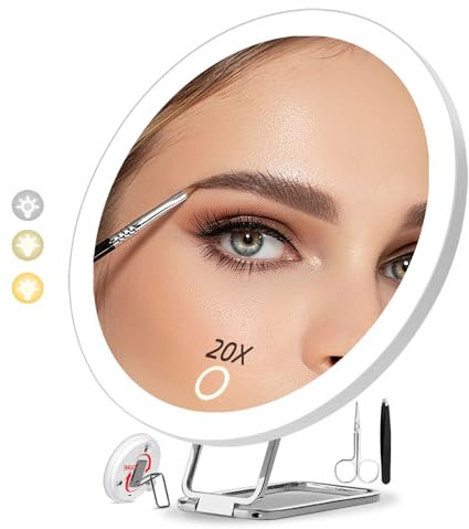 saiggnyy 6 20x Magnifying Mirror with Light Suction Cup,Led Close up Makeup Mirror for Tweezing with 360° Stand,3 Color Lighted Personal 20x Mirrors,20 Times Concave Zoom for Closer Partial Details