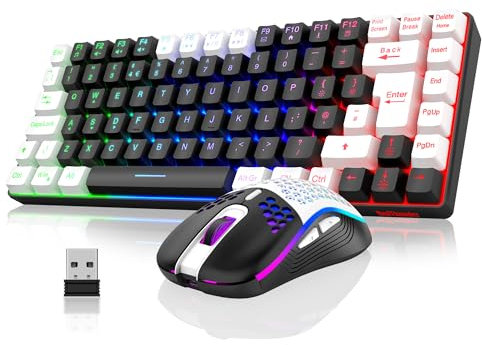 RedThunder K84 75% Wireless Gaming Keyboard and Mouse Rainbow Backlight UK Layout 85 Keys TKL Ultra Compact Mini Design Lightweight Honeycomb Gaming Mouse for PC Mac PS5 Office Gamers (Black-White)
