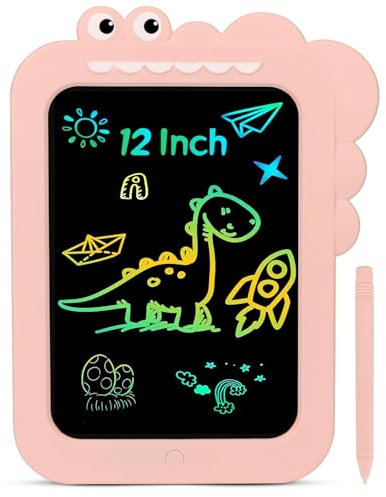 OWill Tablette D'écriture LCD de 12 Pouces,Coloré,Effaçable Et réutilisables,pour Filles de 2-8 Ans Tablette Dessin Enfant,Garçons Cadeau d'anniversaire pour Les Enfants Dinosaure Jouets(Rose)