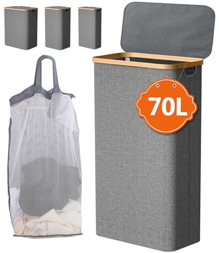 IHOMAGIC Panier à Linge avec Couvercle 70L, Petit Corbeille a Linge Pliable, Panier a Linge Extra Plat avec Poignée et Sac Intérieur Amovible, Bac a Linge pour Coins et Buanderies, Gris