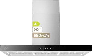 EVVO Campana Extractora Decorativa CE36, 90 cm Ancho, Potencia 650 m³/h, Acabado Inox borde negro, 3 Velocidades, Control Táctil, Temporizador de apagado, Eficiencia Energética A