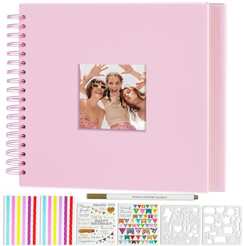 Miaikoe 20.5x20.5 cm DIY Scrapbook Album with Window Hardcover Kraft Blank Paper Scrap Book with 20 Sheets Photo Album for Guest Book, Family Wedding Anniversary (Pink)
