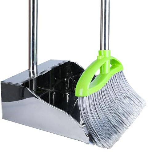 Heavy Duty Broom and Dustpan Set, Metal Stand Up Dustpan with Outdoor Stiff Bristles Broom for Hardwood Patio Floor Sweeping