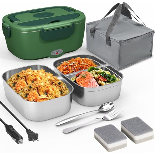 Lonchera eléctrica con calefacción para hombres, calentador de alimentos portátil de 1.5 litros para adultos con 2 recipientes de acero inoxidable de 80 W, lonchera autocalentable para coche, camión