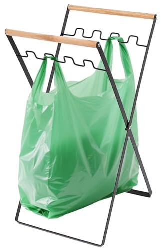 Foldable Trash Bag Holder for Camping, Heavy Duty 15 Gallon Outdoor Garbage Can Stand , No Assembly Iron Construction, Holds 4 Plastic Grocery Bags, Portable Wood Handle for Picnic, Beach, Party,BBQ