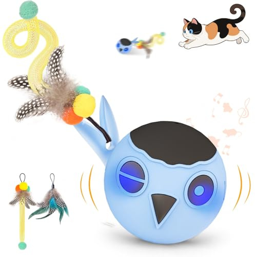 Zeepet katzenspielzeug Ball, Interaktives Katzenspielzeug, katzenball elektrisch, Automatisch Beweglicher Vogelball mit 2 Federschwänzen, Berührungsaktivierung, Mehrere Zwitschertöne