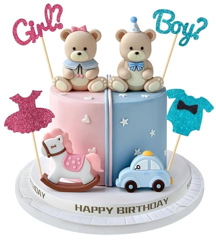 8 Stück Cake Topper Gender Reveal, Boy or Girl Tortendeko Set mit Glitzer Kleid & Strampler, Teddybär, Auto & Schaukelpferd, Babyparty Deko Junge Mädchen, Baby Shower Torte Dekoration Junge Mädchen