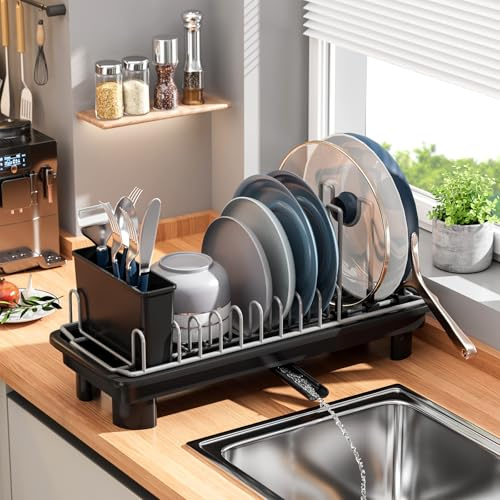 HOWDIA Small Dish Drying Rack, Compact Dish Rack for Kitchen Counter with Removable Cutlery Holder, Multifunctional Stainless Steel Dish Drainer, Space Saving