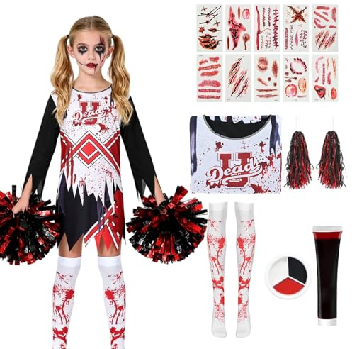 HarnyLoom Cheerleader Kostüm Kinder Zombie Cheerleader Kostüm Mädchen Cheerleading Outfit Horror mit Pompoms Blutige Aufkleber Socken Haarnadel Halloween Party (M (7–8 Jahre))