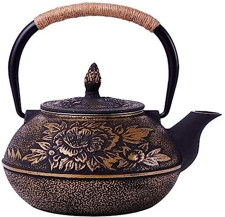 GAOJUNAN Théière et Service 30.4 Oz/0.9L Théières Style Japonais Théière Non Revêtue Théière en Fer Pot en Fer, Pivoine Grand Pot en Fer Thé en Vrac