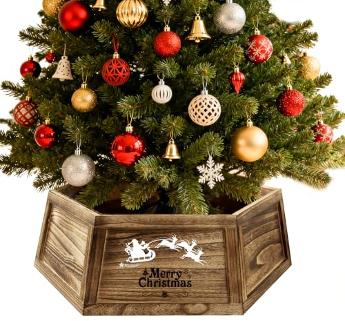 Weihnachtsbaumdecke aus Holz, rustikale gebrannte Paulownia-Bodenabdeckung, Bauernhaus-Rock-Alternative, Abnehmbarer sechseckiger Zaun für Weihnachtsbaumständer (Geflammte Holzoptik, XL)
