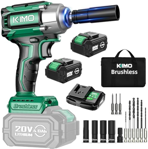 KIMO Impact Wrench 1/2 Cordless, 1200N.m (406ft-lbs), 4000RPM, 9-Piece Drill & Driver Set, 4Sockets Impact Drill for Car Tires, Safety Lock, 2x4000mAh Battery, Variable Modes Power Smart Impact Wrench