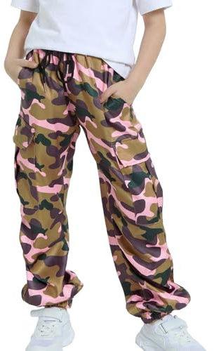 JiAmy Pantaloni cargo da bambina con elastico in vita e coulisse, con tasche multiple, Y2K, per danza e jogging, per 5-14 anni, Stampa mimetica, 9-10 Years